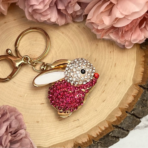 Hot Pink and Silver Crystal Bunny Rabbit Keychain Charm - Picture 9 of 14